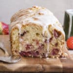 Strawberry bread on a wooden board.