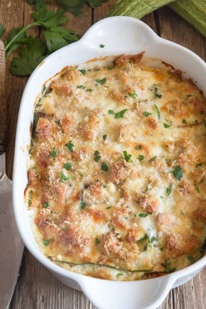 Zucchini bake in a white pan.