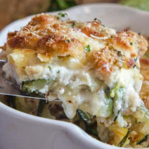 A piece of zucchini bake on a spatula.