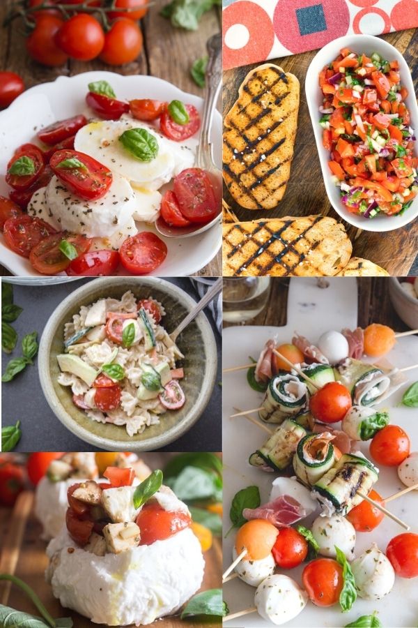 caprese in a white bowl, pasta salad in a bowl, bruschetta, stuffed mozzarella & mozzarella & tomato kabobs.