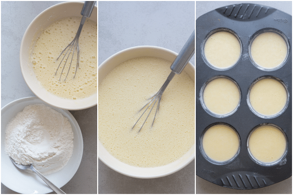 rice cakes how to make the egg mixture in a bowl and the whisked ingredients in a bowl, the batter, in the tins