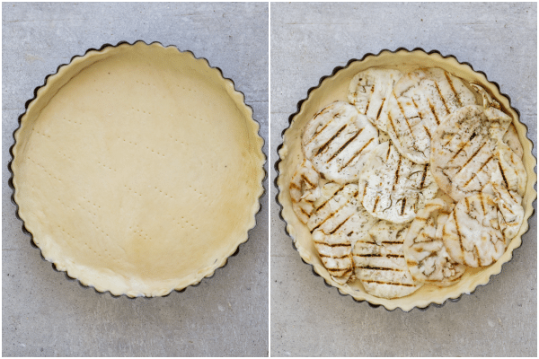 how to make eggplant pie, dough fitted in the pie plate, then a layer of eggplant slices