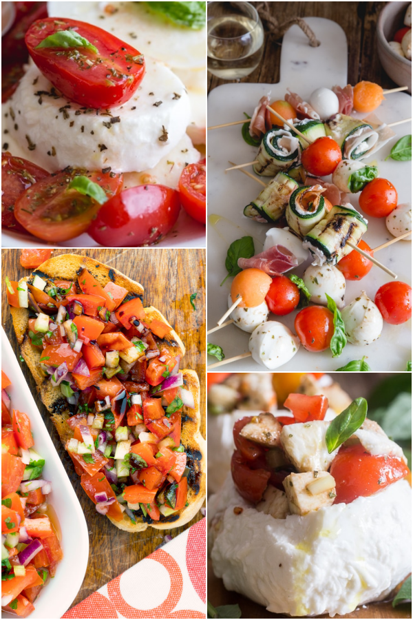 caprese salad, bruschetta, tomato skewers & stuffed mozzarella.