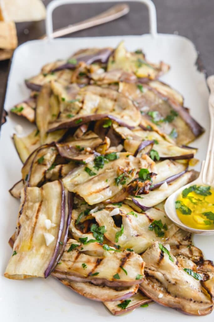Eggplant on a white plate.