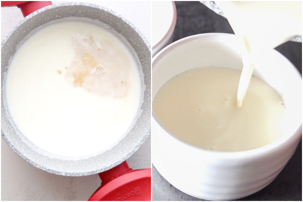 how to make panna cotta, adding vanilla and gelatine and pouring into cups