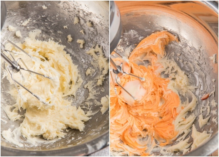 Making the orange frosting in the bowl.