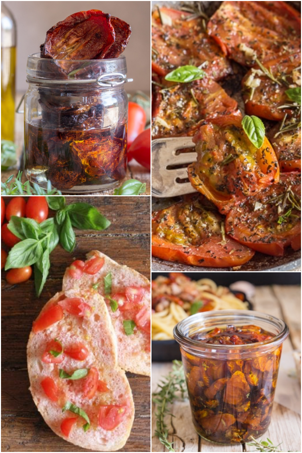 oven dried tomatoes in a glass jar, pan fried tomatoes, panzanella & candied tomatoes.