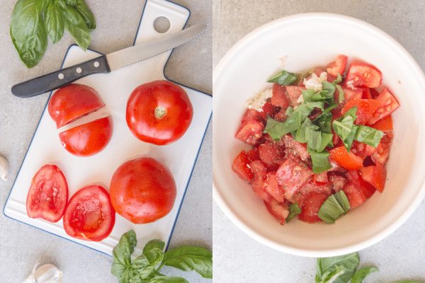 how to make pasta alla checca cut tomatoes and ingredients mixed in bowl