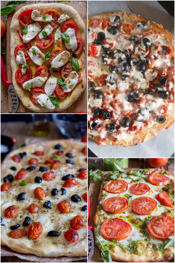 Caprese pizza, pizza with tomatoes & olives, tomato & olive focaccia, pest & tomato pizza.