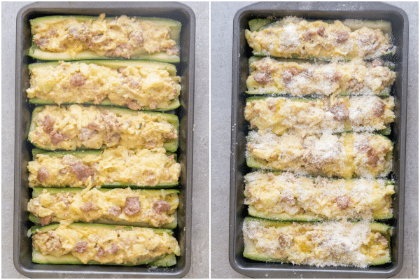stuffed zucchini stuffed in a pan and stuffed with parmesan cheese in a pan ready to bake