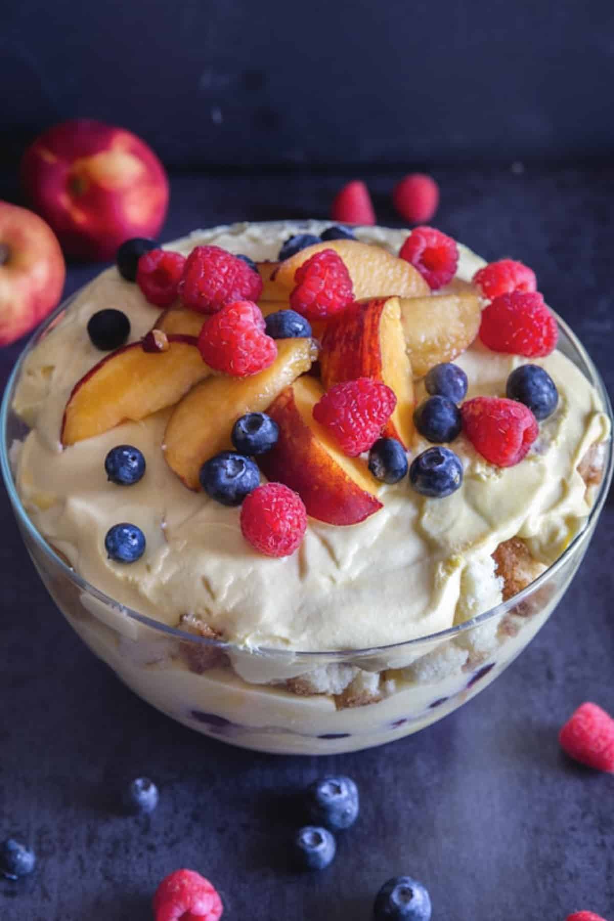 Trifle in a glass bowl.