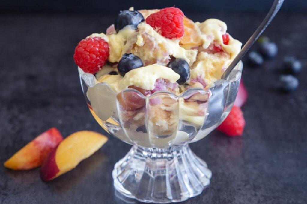 Berry Trifle in a glass bowl.