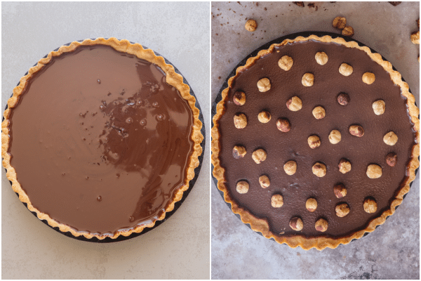 chocolate pie how to make the filling in the pie and topped with hazelnuts