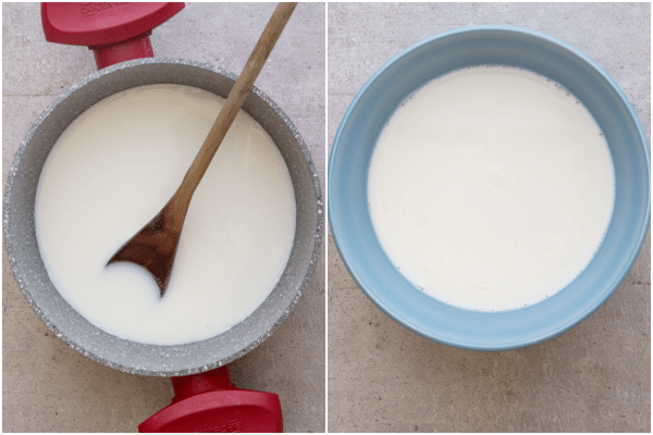 how to make fior di latte milk and sugar in a pot and ready for refrigerating