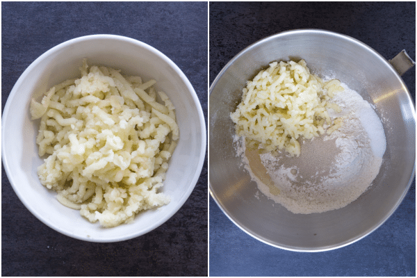 how to make potato focaccia potato cooked and mashed, and ingredients in the stand up mixer