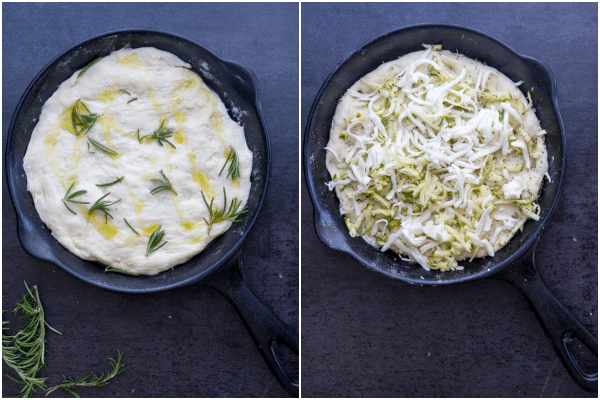 how to make focaccia dough in the pan with rosemary and zucchini and cheese