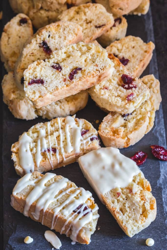 Almond pecan biscotti drizzled with white chocolate.