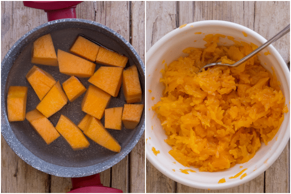 making pumpkin puree in the pot to boil and cooked in a white bowl