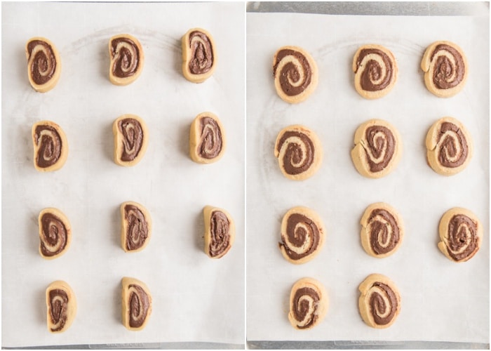 The cut pinwheel cookies on a prepared baking sheet before and after baking.