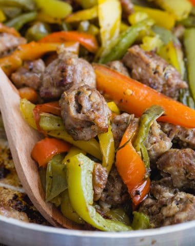 sausage & peppers in a silver pan