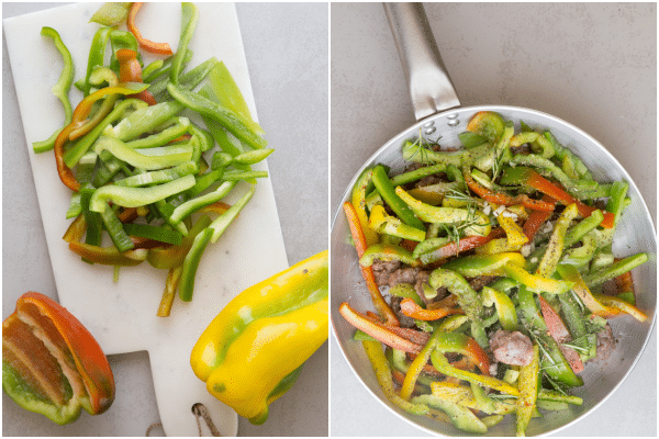 sliced peppers and mixed in the pan with the sausages