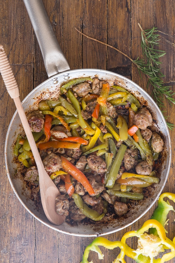 sausage & peppers in a silver pan