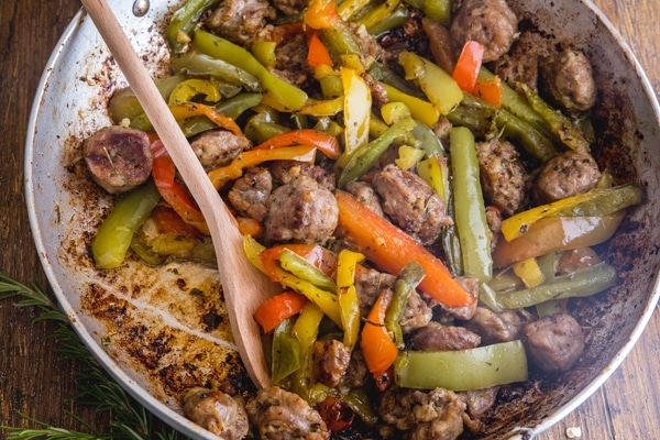sausage and peppers in a pan