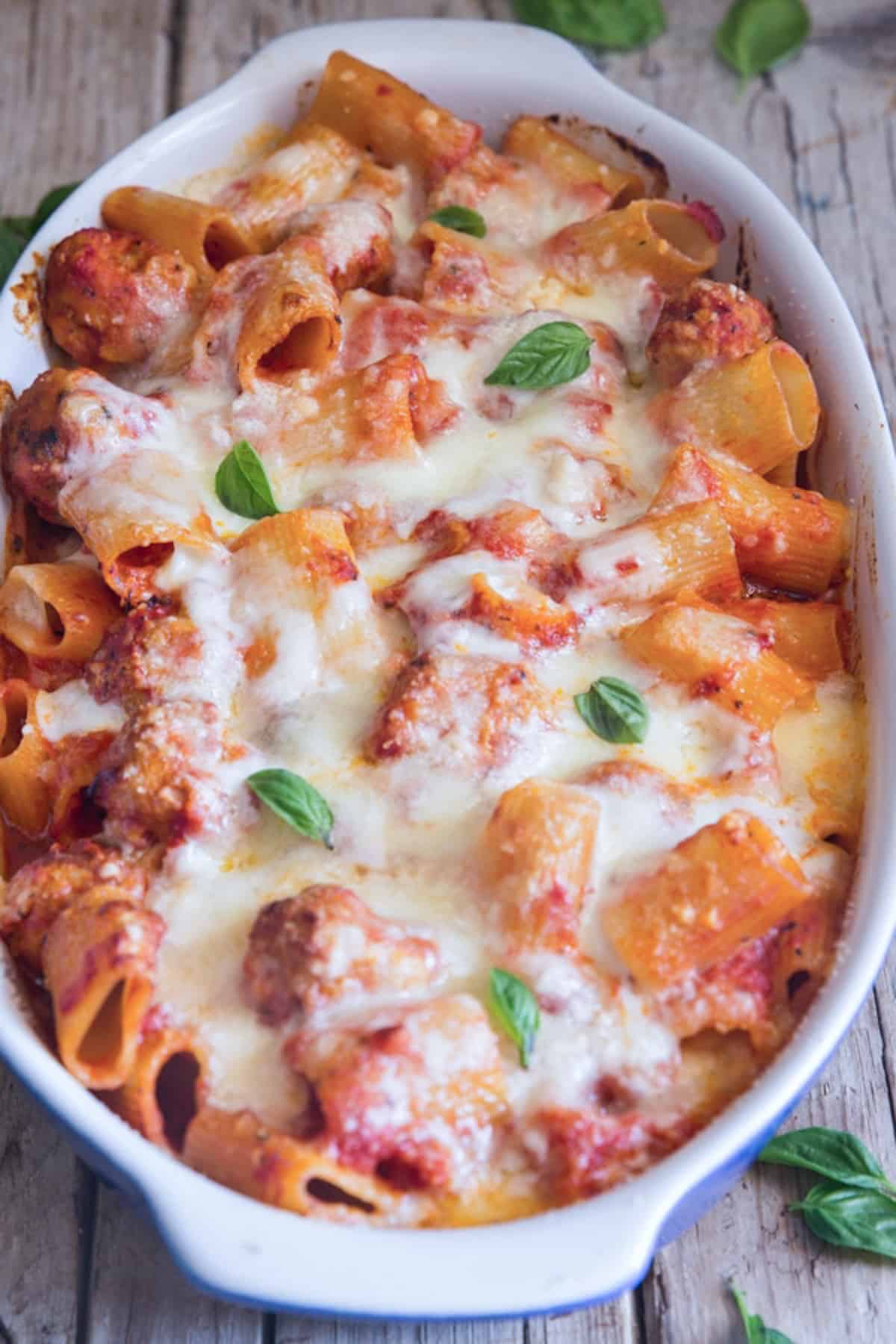 Meatball casserole in a white baking dish.