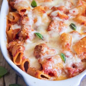 Meatball casserole in a white baking dish.