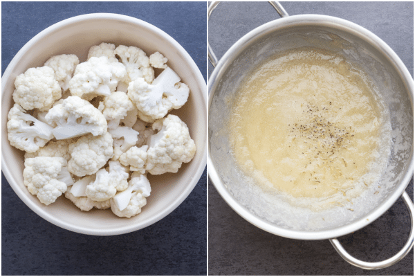 how to make cauliflower casserole florets in a bowl and whisked butter, flour and pepper in a pot