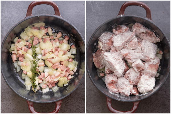 cooking the pancetta and beef dredged in flour for the beef stew