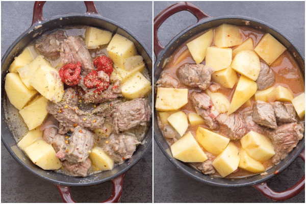 adding all the ingredients in the pot for the beef stew and cooking on low heat