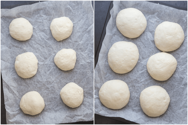 placing the formed rolls on a parchment paper lined sheet before and after rising