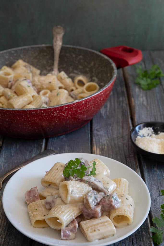 Pasta in a white plate and some in a plate.