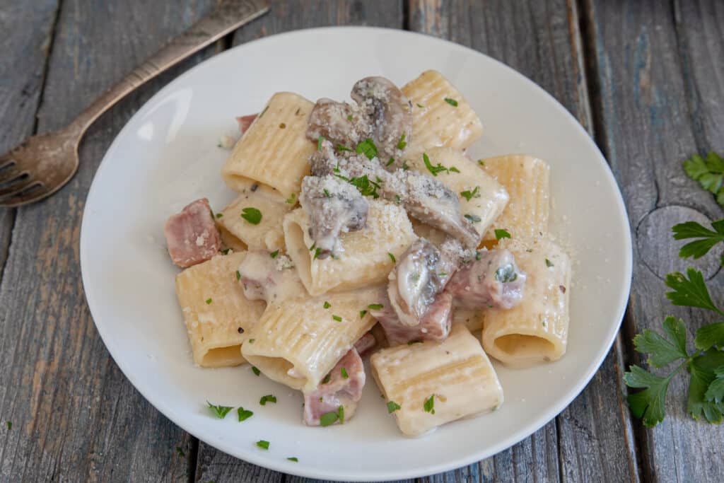 Pasta in a white plate.