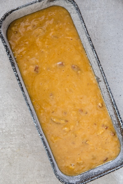 pumpkin bread in loaf pan ready for baking