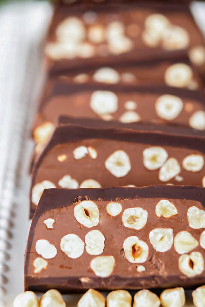 Torrone cut on a white tray.