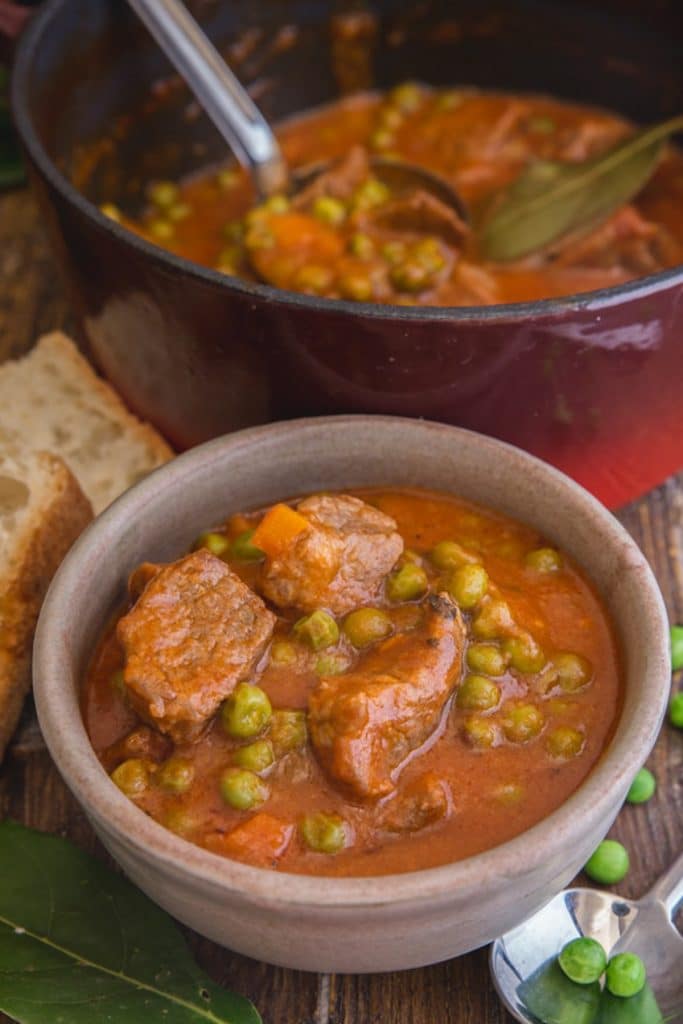 Stew in a red pot and some in a bowl.