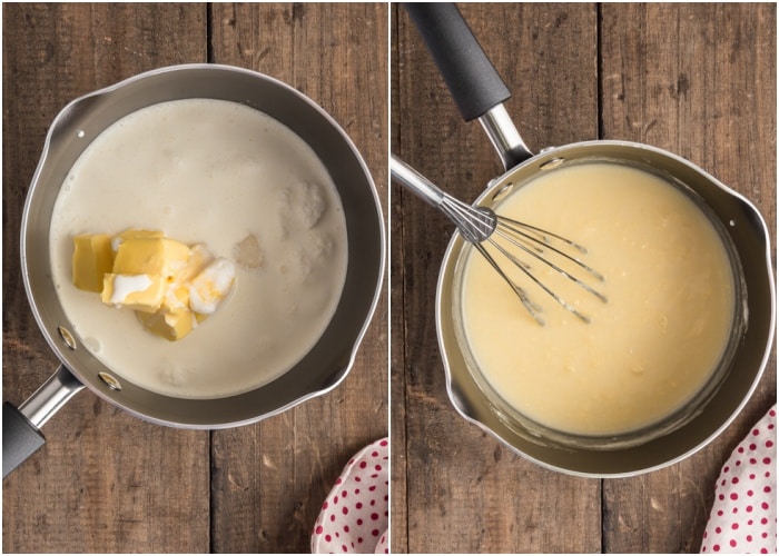 Mixing the caramel sauce.