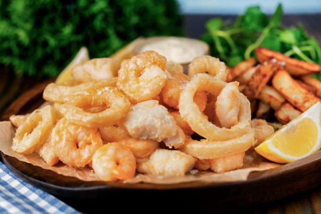 Fried seafood on a plate.