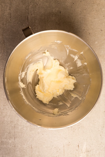 creaming the butter and sugar in the silver mixing bowl