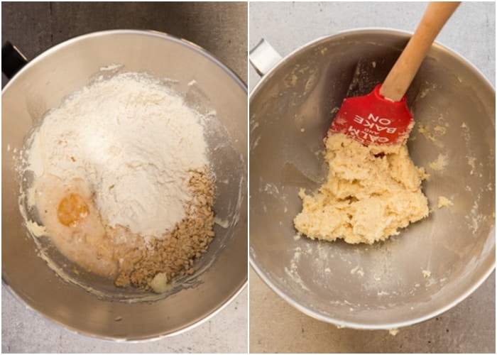 Adding the dry ingredients to form a dough.