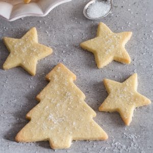 christmas tree sable cut out cookie on a grey board with 3 star cookies