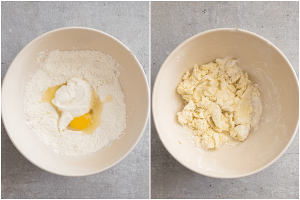 whisked ingredients with wet ingredients in the middle, mixed together in a bowl