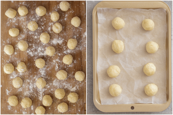 lots of dough balls on a board and 8 on a tray ready for baking