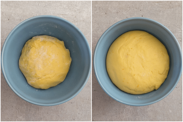 making the rolls, the dough in a blue bowl before and after rising time