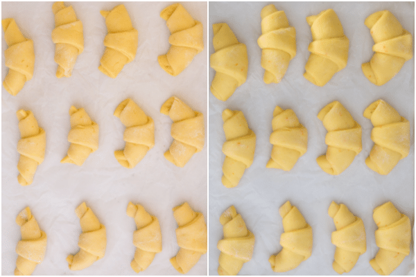 rolling up the crescent rolls before and after rising on a cookie sheet
