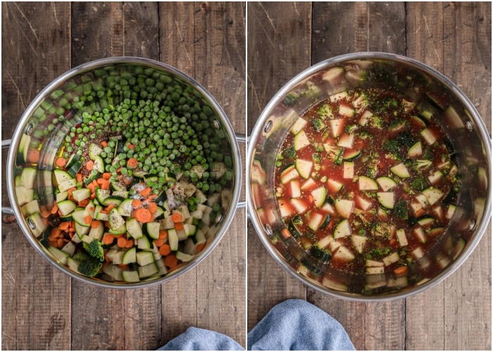 Making the minestrone in a silver pot.