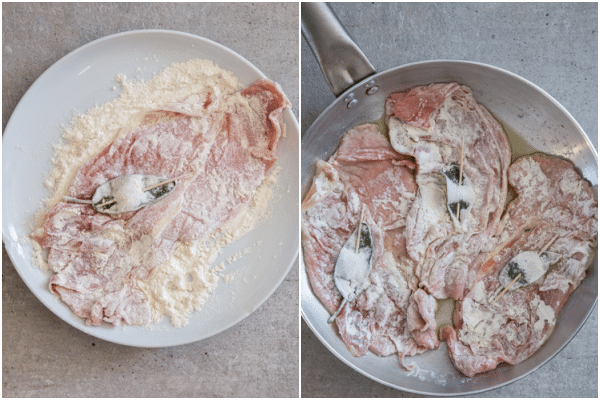 dredging meat in flour and placing in frying pan