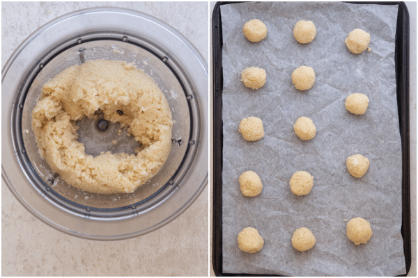 making the amaretti cookie dough and placing on a parchment paper cookie sheet